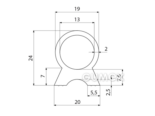 Geformtes Silikonprofil mit Loch, 24x20/19mm, 60°ShA, -60°C/+180°C, transparent, 